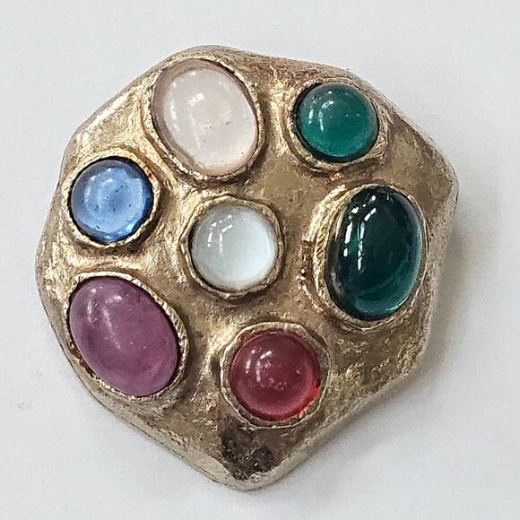 Vintage Designer French Gripoix Emerald Sapphire Ruby Glass Cabochon Gold Brooch - Picture 1 of 3